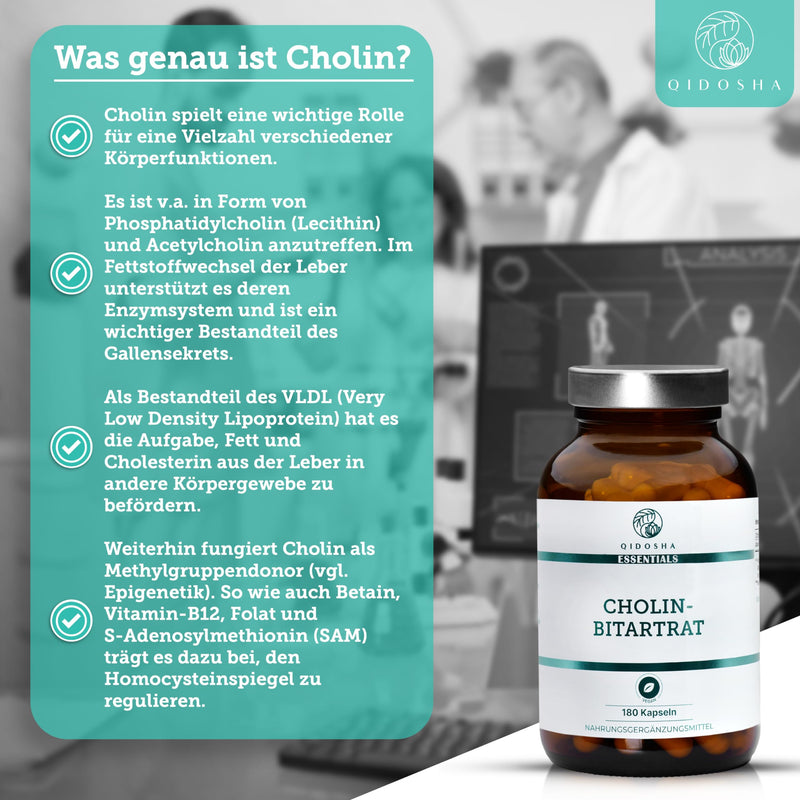 QIDOSHA® choline bitartrate capsules high dosage, 180 capsules in a pharmacist jar, full 630mg choline bitartrate per capsule, vegan, laboratory tested, German production - NewNest Australia