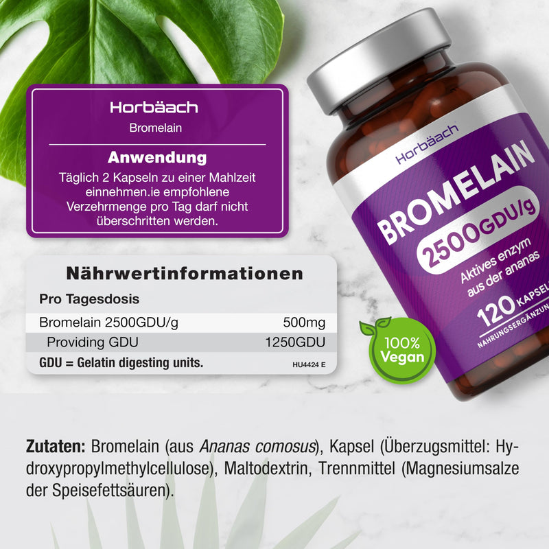 Bromelain 500mg high dose 2500 GDU/g 120 Vegan Capsules Digestive