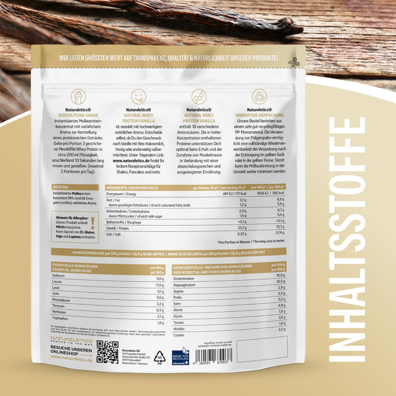 NATURELETICS VANILLE 1kg natural premium whey protein from Germany without added sugar, sweeteners and artificial flavors, protein powder with a high BCAA content of 22.6% - NewNest Australia