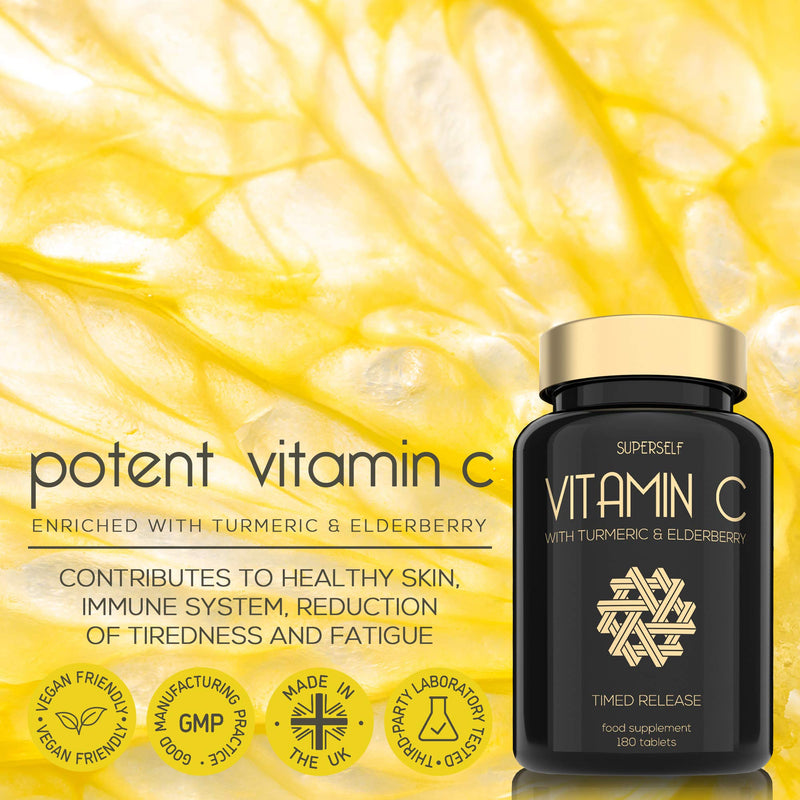 Vitamin C 1000mg Tablets High Strength - Slow Release Formula with Elderberry & Turmeric - 180 Tablets 6-Month Supply - Vegan Vit C Supplement - Plant-Based Immune System Support Complex - UK Made - NewNest Australia