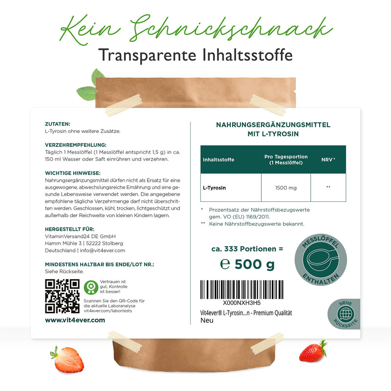 L-Tyrosine - 500 g pure powder - no additives - 333 servings - Pure amino acid from plant fermentation - Laboratory tested - Vegan - NewNest Australia