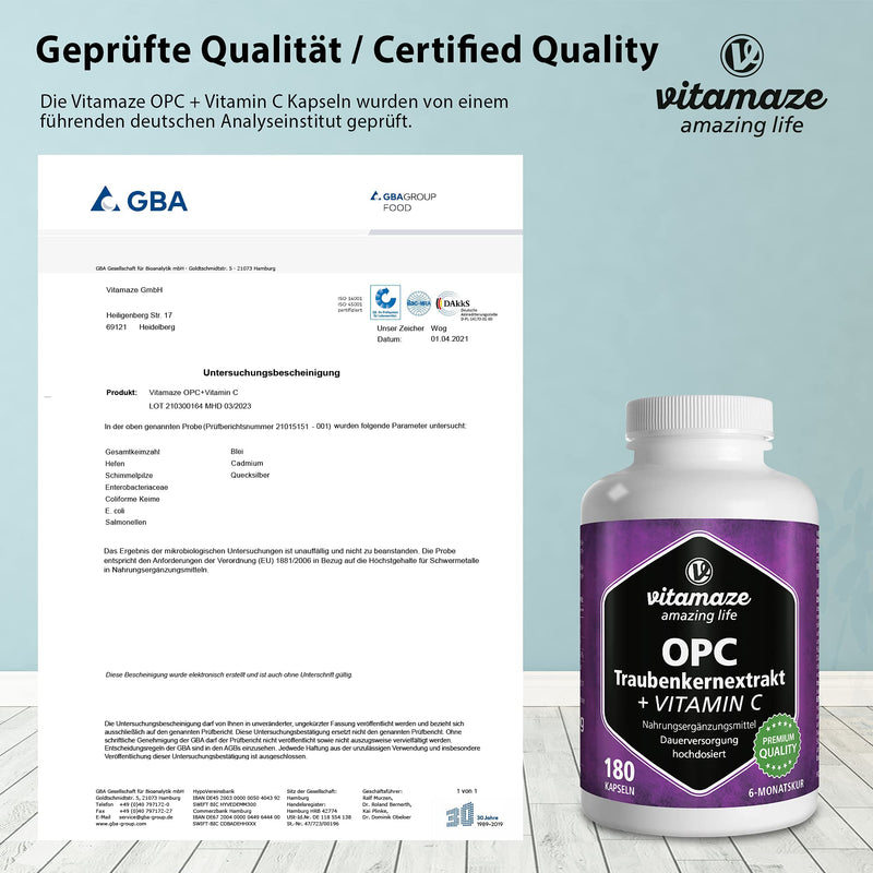 OPC Grape Seed Extract Capsules + Vitamin C, High Strength: 450 mg Certified OPC + 100 mg Vitamin C, 180 Capsules for 6 Months, Natural Supplement Without Additives, Made in Germany 1 Dose - NewNest Australia
