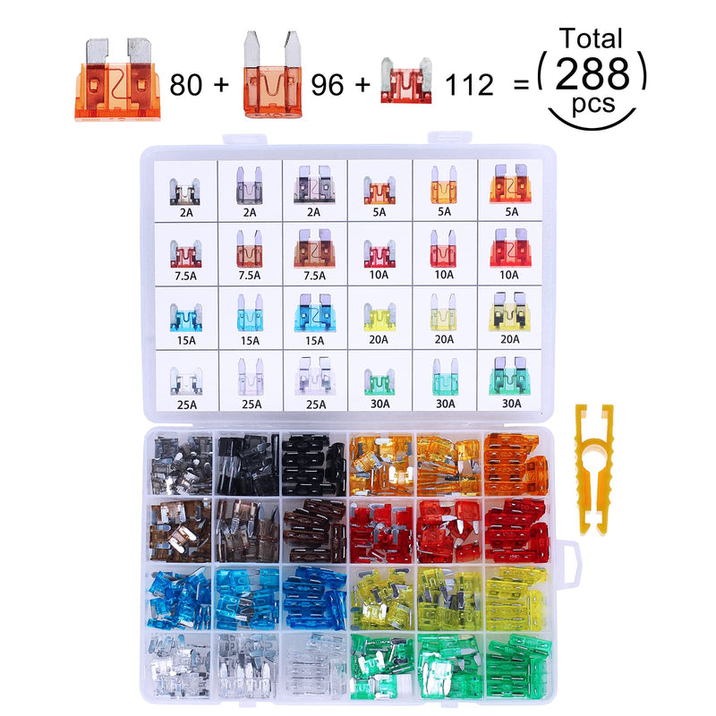288 Pieces Car Fuses Assortment Kit - Blade Fuses Automotive - Standard & Mini & Low Profile Mini Size (2A/5A/7.5A/10A/15A/ 20A/25A/30AMP/ATC/ATO) Replacement Fuses for Marine, Auto, RV, Boat, Truck - NewNest Australia