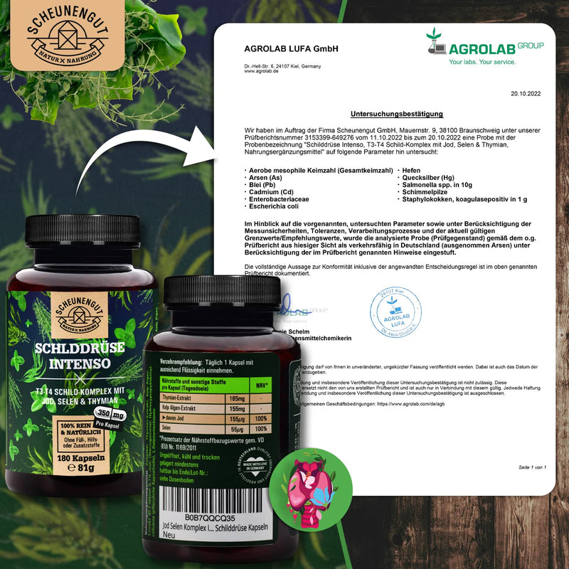 Thyroid Intenso Iodine Selenium Capsules - Important: Laboratory Tested With Selenium & Thyme Plus 155¬µg Iodine (Per Capsule) And More I 180 Capsules High Dose I Iodine From Brown Algae I Vegan I De I Scheunengut - NewNest Australia