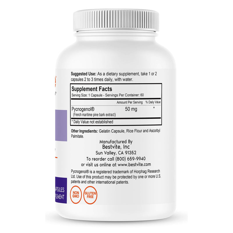 Pycnogenol 50mg (60 Capsules) - French Maritime Pine Bark Extract - No Stearates - Gluten Free - Non GMO 60 Count (Pack of 1) - NewNest Australia