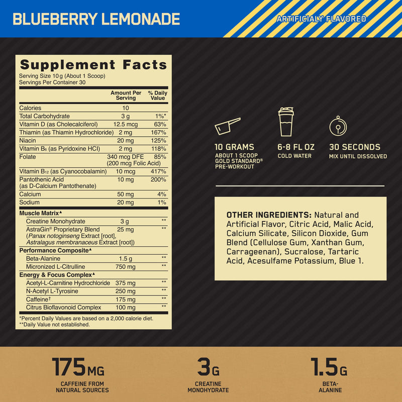Optimum Nutrition Gold Standard Pre-Workout, Vitamin D for Immune Support, with Creatine, Beta-Alanine, and Caffeine for Energy, Keto Friendly, Blueberry Lemonade, 30 Servings (Packaging May Vary) - NewNest Australia