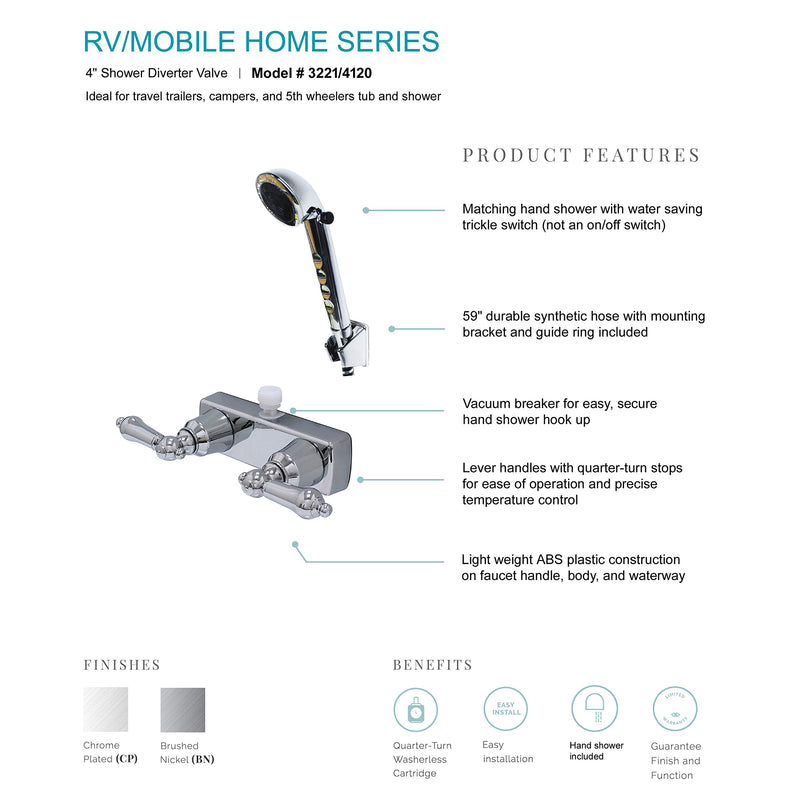 Laguna Brass 3221CP/4120CP RV/Motorhome Replacement Non-Metallic Two Handle Faucet Valve Diverter with Matching Hand Held Shower Set, Chrome Finish - NewNest Australia