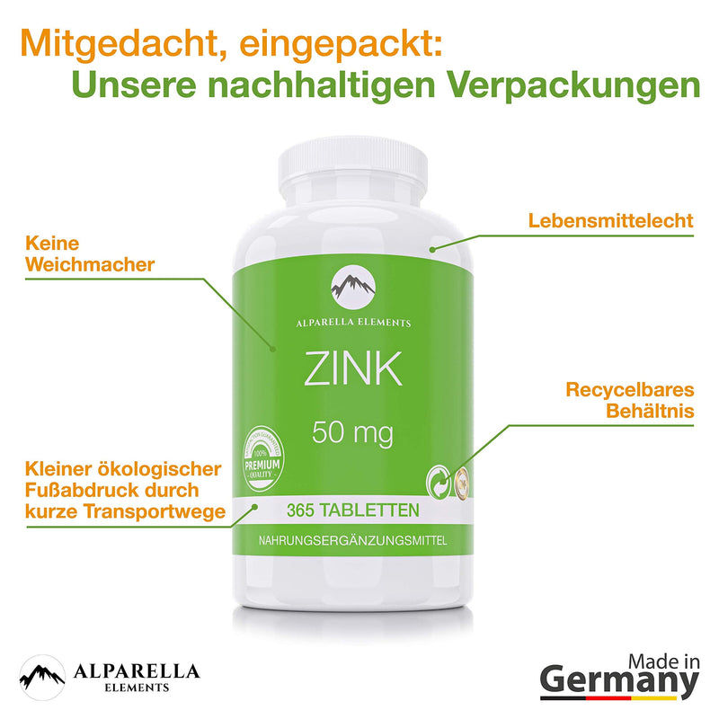 High-dose zinc tablets - 50 mg zinc gluconate per tablet - 365 vegan zinc tablets as a 2-year supply - dietary supplement from Alparella Elements - NewNest Australia