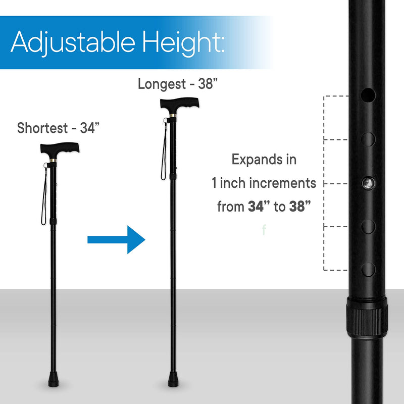 RMS Folding Cane - Foldable, Adjustable, Lightweight Aluminum Offset Walking Cane - Collapsible Walking Stick with Ergonomic Derby Handle - Ideal Daily Living Aid for Limited Mobility (Black) Black - NewNest Australia