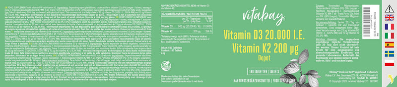 Vitabay Vitamin D3 K2 20000 Iu High Dose - 180 Vegan & Laboratory Tested Vitamin D3K2 Tablets High Dose - Vitamin D Vitamin K2 20000 K Sun Vitamins D3K2 Vitamin D3K2 High D3 K2 - NewNest Australia