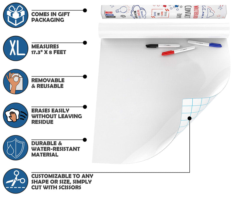 Kassa Large Whiteboard Wall Sticker Roll - 17.3" x 96” (8 Feet) - 3 Dry Erase Board Markers Included - Adhesive White Board Wallpaper for Fridge, Office & Kids Room - Peel and Stick Paper Decal - NewNest Australia