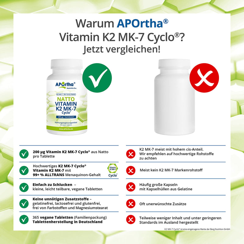 APOrtha Vitamin K2 MK7 200 µg 99+% ALL-Trans, 365 tablets high-dose vegan, high-quality Natto K2 vitamin easy to swallow dietary supplement Vit K2, vitamin K 2 alternative to K2 drops capsules - NewNest Australia