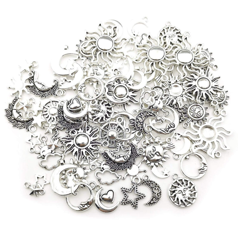 100g(80pcs) Craft Supplies Mixed Antique Silver Sun Moon Stars Charms Pendants for Crafting, Jewelry Findings Making Accessory for DIY Necklace Bracelet (M250) - NewNest Australia