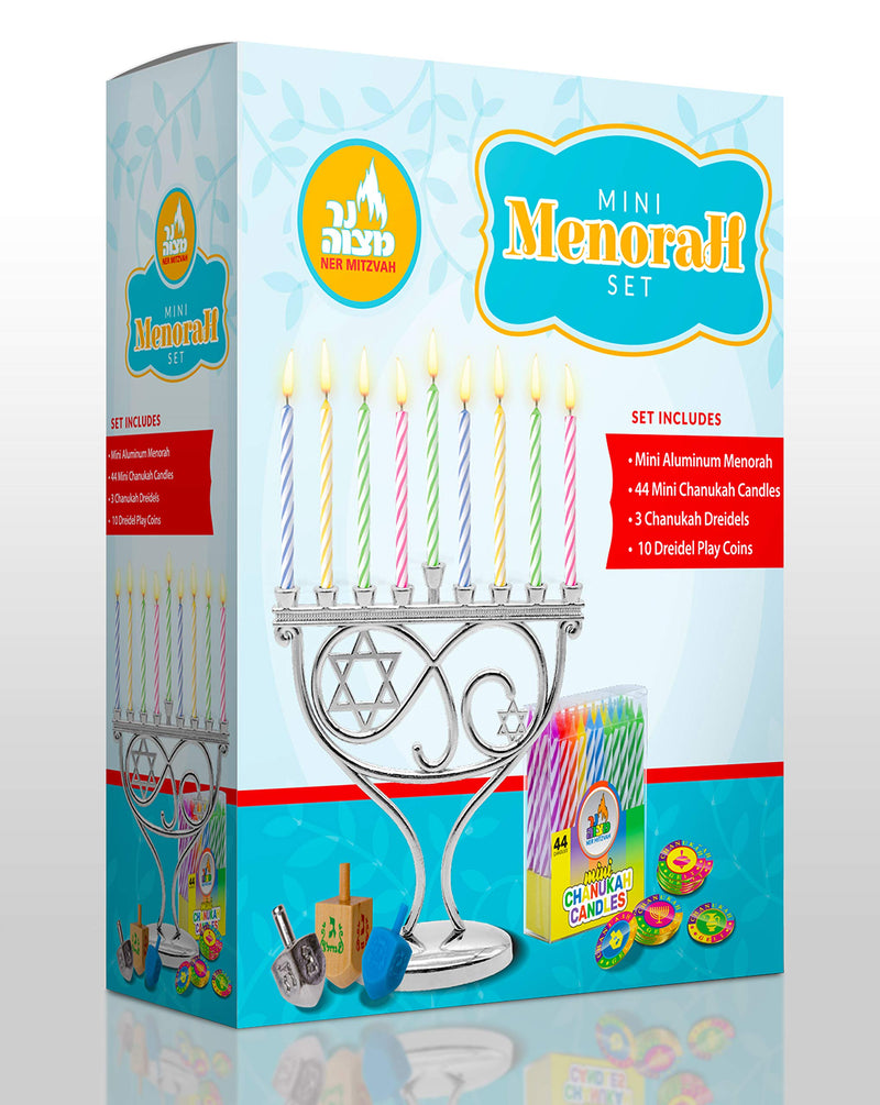 NewNest Australia - Ner Mitzvah Mini Menorah Set - Menorah, 44 Mini Candles, 3 Dreidels, Play Coins 