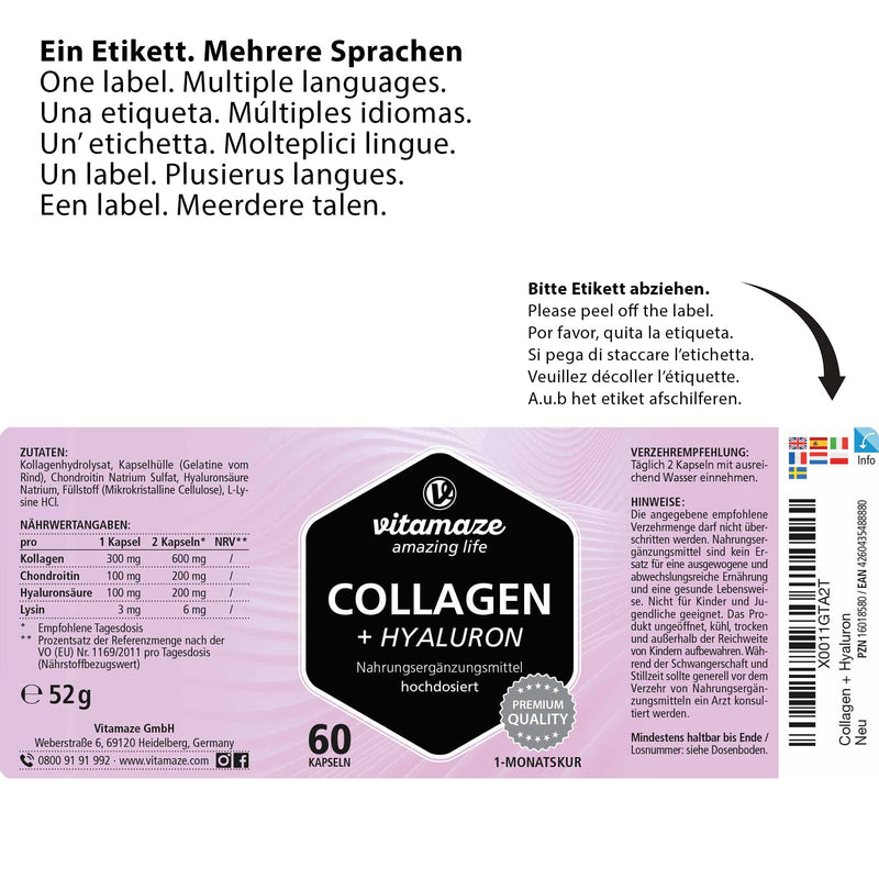Collagen Capsules High Dose + Hyaluronic Acid + Chondroitin + Lysine, 600 Mg Pure Collagen Hydrolysate Per Day, 60 Capsules For 1 Month, Bioactive & No Additives, Made In Germany - NewNest Australia