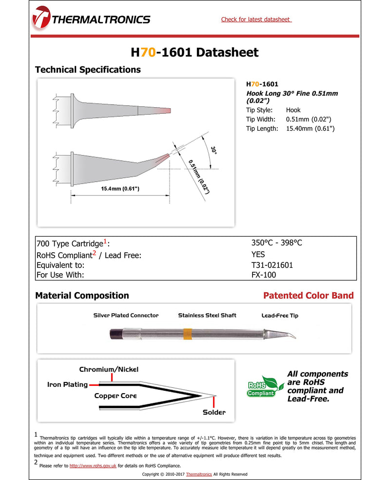 Thermaltronics H70-1601 Hook Long 30deg Fine 0.51mm (0.02in) interchangeable for Hakko T31-021601 - NewNest Australia