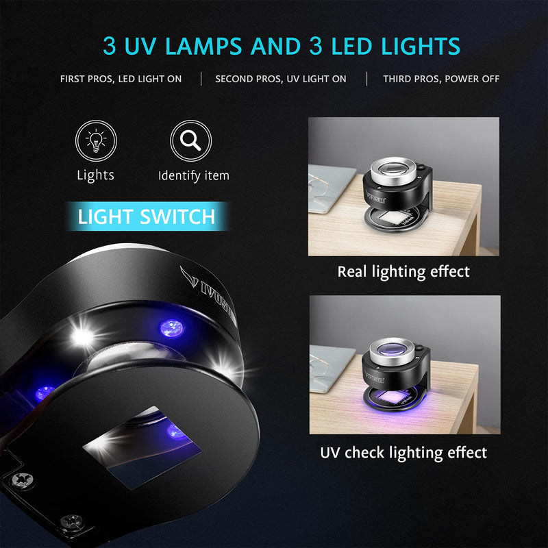 VIVOSUN 30X Rechargeable Loupe Magnifier with White LED Light and Purple Light, Portable Magnifying Glass with Optical Glass Lens&Scale for Jewelry, Textile and Text - NewNest Australia