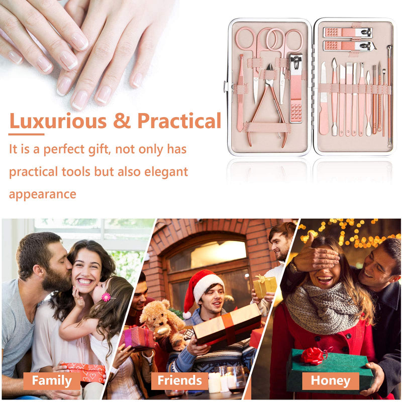 URAQT Nail Clippers, 18 pcs Manicure Pedicure Set, Nail Scissors Cuticle Remover for Men Women, Stainless Steel Nail Care Grooming Kit with Leather Case for Travel & Home A-Pink - NewNest Australia