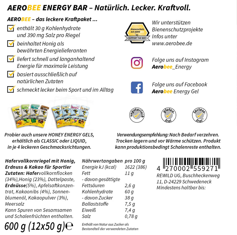 Aerobee Energy Bar - Peanut & Cocoa 12 X 50 G - 100% Natural Energy Bar Made Of Honey - Energy Bar Running, Road Bike Food, Triathlon Bar - Unique In Flavor (Peanut & Cocoa) - NewNest Australia