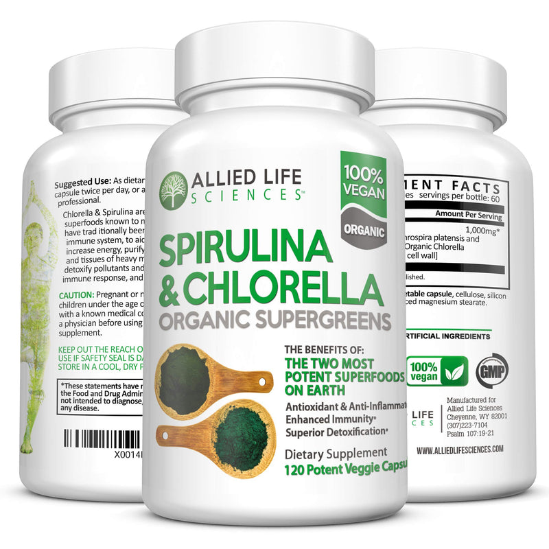 Allied Life Spirulina and Chlorella | Organic Chlorophyll Vegan Protein Powder Green Superfood | 120 Capsules 120 Count (Pack of 1) - NewNest Australia