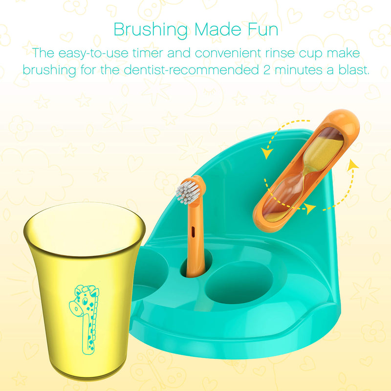 Brusheez® Kids Electric Toothbrush Set (Safari Edition) - Battery Operated, Soft Bristles, Easy On/Off, 2 Brush Heads, Animal Cover, Sand Timer, Rinse Cup, and Base - Ages 3+ (Jovie The Giraffe) Jovie - NewNest Australia
