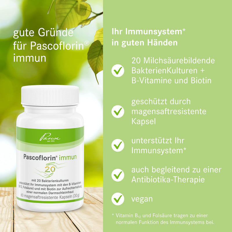 Pascoflorin immune: 20 lactic acid-producing bacterial cultures - with vitamin B12, biotin, inulin & folic acid - also accompanying antibiotic therapy - NewNest Australia
