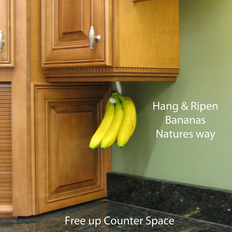 NewNest Australia - Banana Hook Hanger Under Cabinet Hook Ripens Bananas with Less Bruises | Hang Other Lightweight Kitchen Items, Folds Up Out of Sight When Not in Use, Self-Adhesive + Pre-drilled Screw Holes (White) 