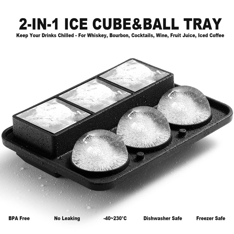 Ice Cube Tray, Large Silicone Whiskey Ice Mold, 2-in-1 Round Sphere Ice Ball Maker & Square Ice Tray for Cocktails,Bourbon,Brandy, Gift for Men Dad Boyfriend - NewNest Australia
