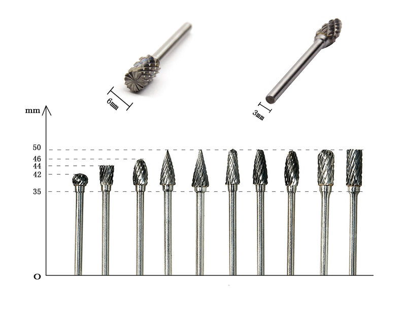 YXGOOD 10 Pieces Tungsten Carbide Double Cut Rotary Burr Set with 3 mm (1/8 Inch) Shank and 6 mm (1/4 Inch) Head Size - NewNest Australia