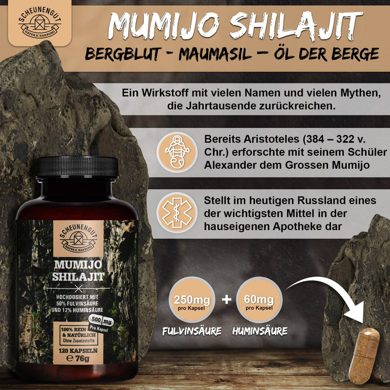 Shilajit - 1000 Mg Per Daily Dose, High Dose - Important: 10:1 Extract (= 10,000 Mg Mumijo Shilajit Per Dose) + 50% Fulvic Acid & 12% Humic Acid I 120 Shilajit Capsules I Certified I De I Scheunengut - NewNest Australia