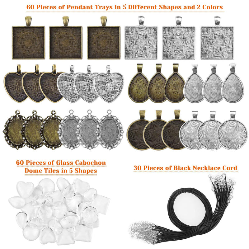 Pendant Trays with Glass Cabochons for Jewelry Making, Anezus 90pcs Pendants Trays Set Including 30pcs Bezel Pendant Trays Blanks, 30pcs Glass Cabochons and 30pcs Necklaces Cords for Necklace Making - NewNest Australia