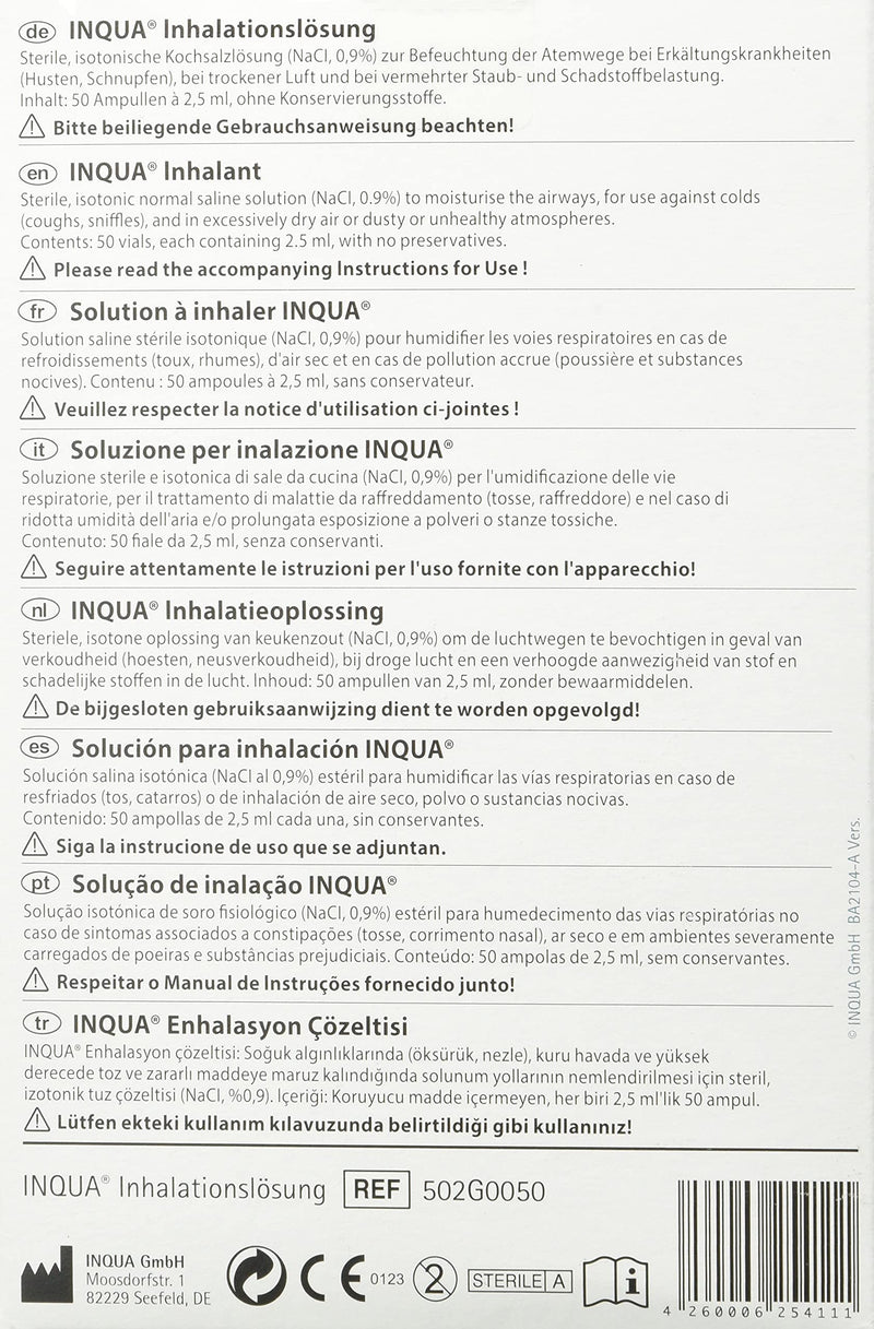 INQUA inhalation solution | 50 ampoules of 2.5ml | Isotonic saline solution for inhalation for adults, children and babies | without preservatives | NaCl 0.9% - NewNest Australia