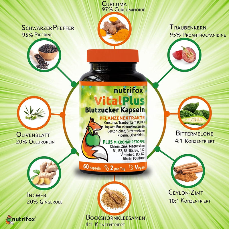 60 Blood Sugar Capsules Vital Plus (With Ceylon Cinnamon, Chromium, Zinc, Opc, Bitter Melon, Fenugreek Seeds, Turmeric, Ginger, Vitamin B Complex, Etc.), 2 Months, From Nutritionists For Diabetes - NewNest Australia