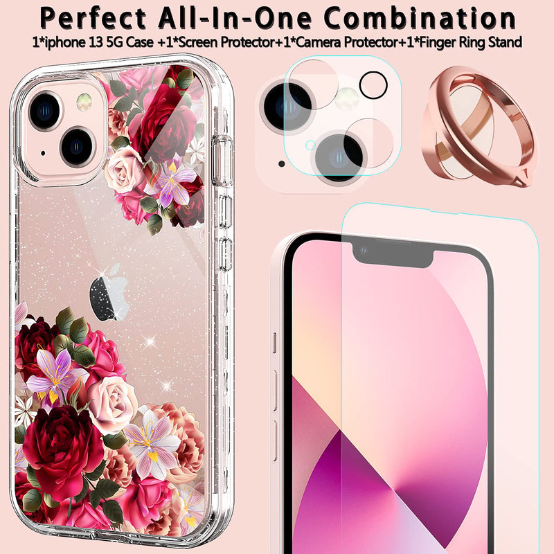 ACKETBOX for iPhone 13 Case with Screen Protector and Camera Protective Film，Heavy Duty PC Back Case + Front Cover and Clear TPU Full Body Protective Cover for iPhone 13 6.1 inch 2021 (Flowers) Flowers - NewNest Australia