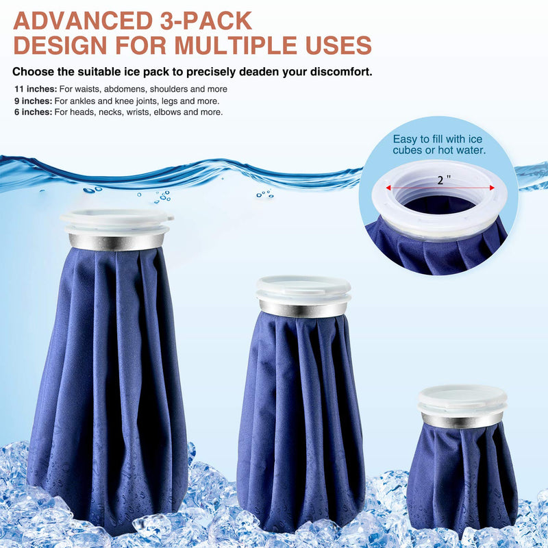 Ice Bag Packs, Ohuhu 3 Pack [11" 9" 6"] Reusable Ice Bags for Injuries with a Adjustable Wrap, Hot & Cold Therapy and Pain Relief for Knee Leg Injury, 4-Pack (6"/9"/11"), No-Leak Waterproof Ice Bag - NewNest Australia