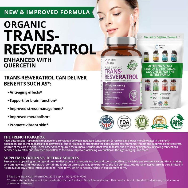 Organic Trans-Resveratrol Enhanced with Quercetin - 1,500MG Highest Potency Available in Vegetable Capsule - Powerful Support for CV System, Bones, Hair, Skin Nails - 90 caps - NewNest Australia