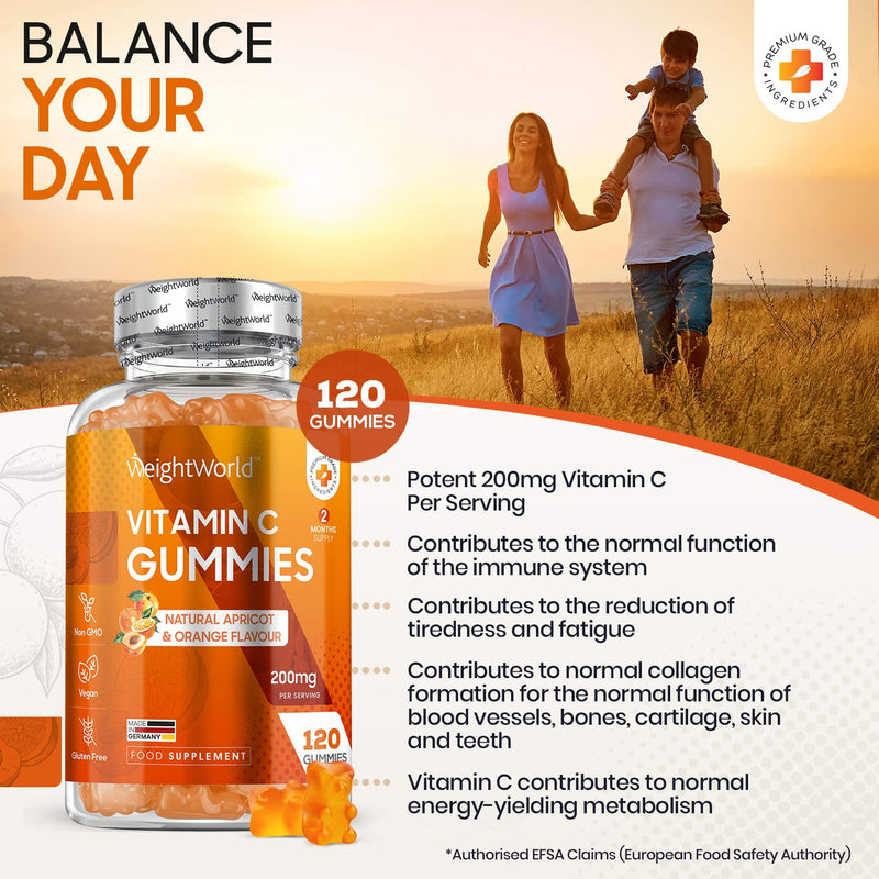 Vitamin C Gummies Adults & Kids (5+ Years) - 120 Vegan Chewable Gummies - Natural Apricot & Orange Flavour - 2 Month Supply - Vitamin C Supplement for Immune Health - Gluten, Allergen & GMO Free - NewNest Australia