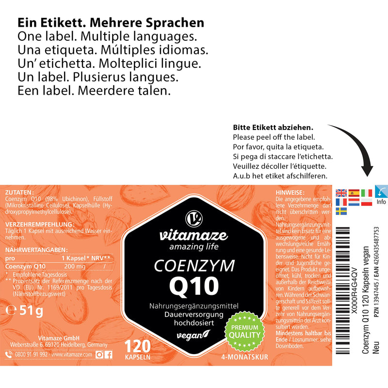 Coenzyme Q10 high dose, 200 mg per capsule, vegan, 120 capsules for 4 months, 98% ubiquinone with optimal bioavailability, without unnecessary additives, Made in Germany 4 month supply - NewNest Australia