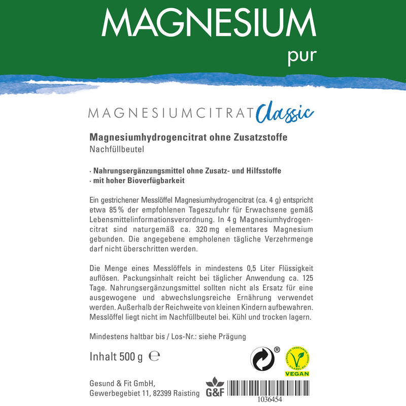 Magnesium-Pur Powder 500g refill bag pure magnesium citrate powder, highly bioavailable, vegan, without additives - NewNest Australia