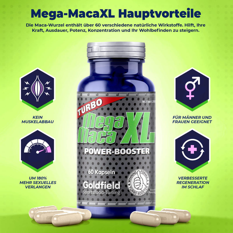 Goldfield Mega Maca XL | Increase Your Strength, Endurance, Potency, Concentration and Wellbeing | Extract from the Maca Root in Peru - for More Muscle Growth | Over 60 Natural Active Ingredients - NewNest Australia