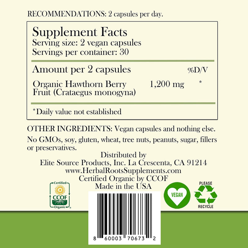 Herbal Roots Organic Hawthorn Berry Capsules - Heart Health - Extra Strength 1,200mg per Serving, Vegan, Made in The USA - NewNest Australia