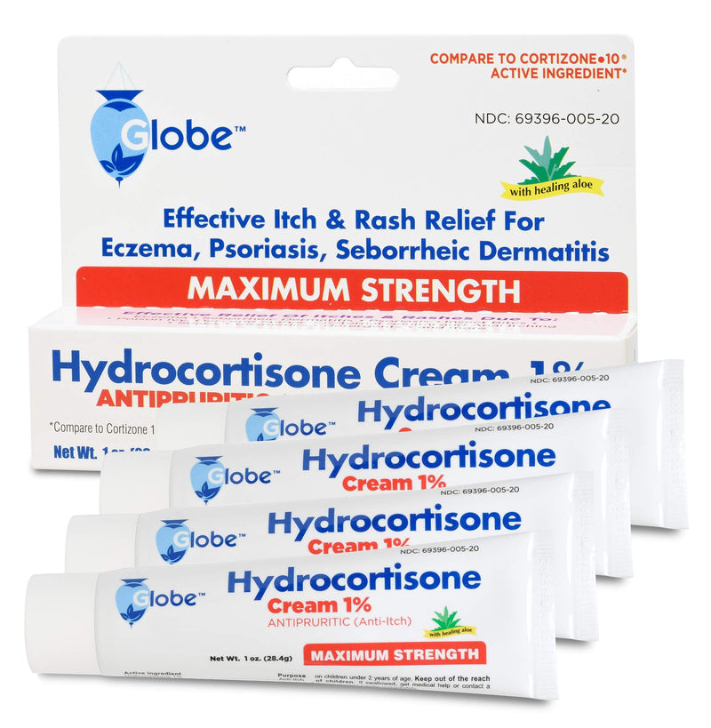 Globe Hydrocortisone Maximum Strength Cream 1% w/ Aloe, | Anti-Itch Cream for Redness, Swelling, Itching, Rash & Dermatitis, Bug/Mosquito Bites, Eczema, Hemorrhoids & More | (4-Pack) - NewNest Australia