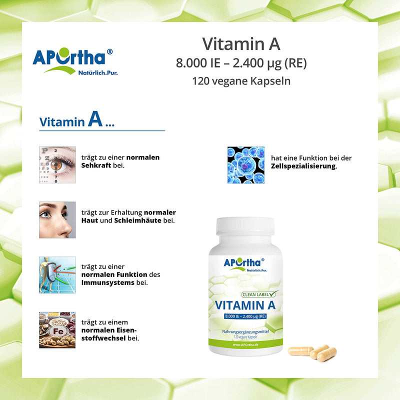 APOrtha® - Vitamin A 8,000 IU (2,400 µg) - 120 vegan capsules, high dosage and easy to swallow, made from retinyl acetate, allergen-free, vegan, gluten-free - NewNest Australia