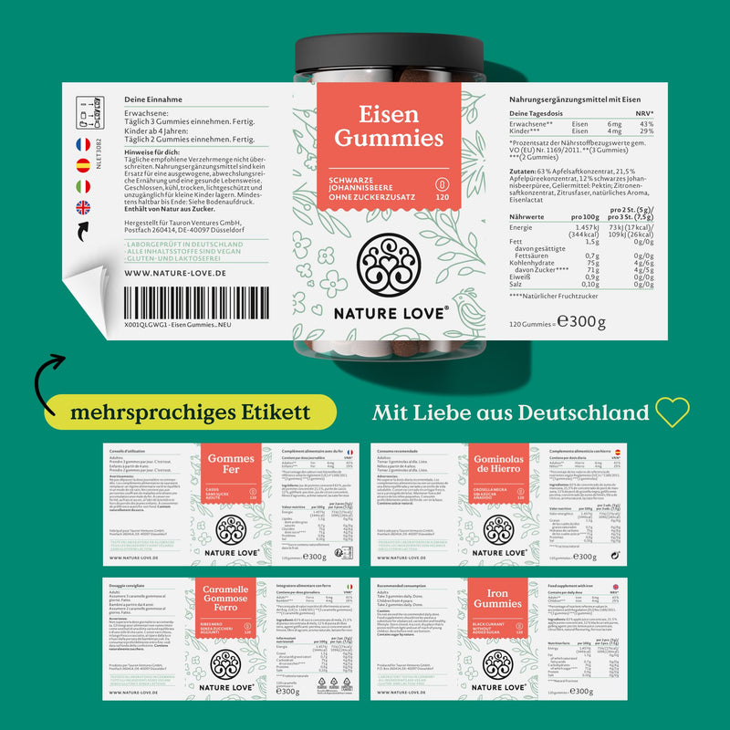 NATURE LOVE® Iron Gummies - 120 pieces - no added sugar, 96.5% fruit content - 6 mg daily dose for adults, 4 mg for children - alternative to iron tablets and capsules - vegan and laboratory tested - NewNest Australia