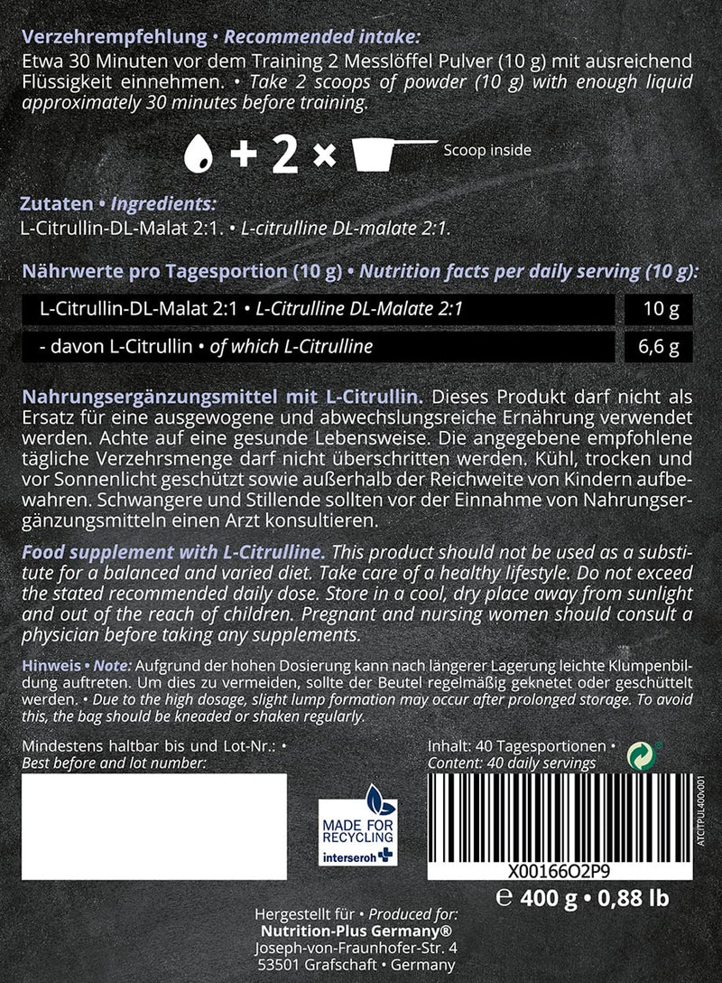 L Citrulline Malate Powder High Dose 400 G Dl 2:1 - Highest Dosage & Purity - Alphatier Champion L-Citrulline Malate Powder - Fitness And Bodybuilding - Premium Quality - Vegan - NewNest Australia