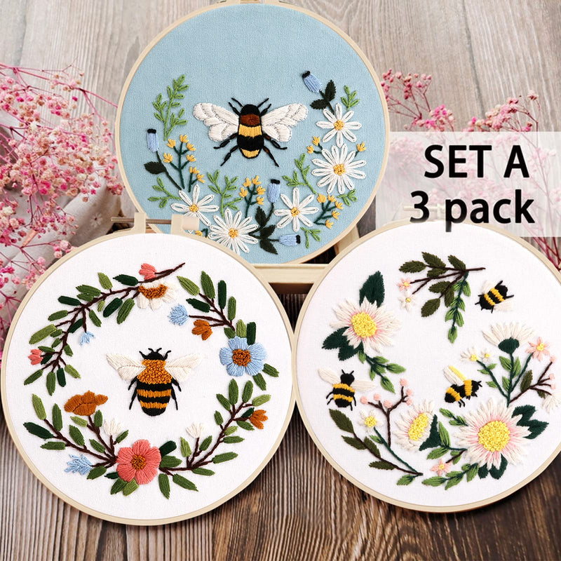 Lukinbox Embroidery Starter Kit for Beginners, 3 Sets Cross Stitch Kits for Adults, Include Embroidery Clothes with Cute Bees and Flowers Patterns Embroidery Hoops, Threads, Needles and Instruction - NewNest Australia