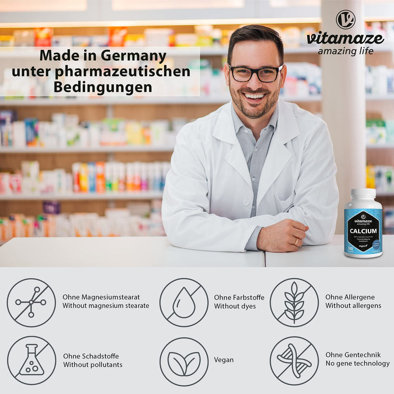 High-dose vegan calcium tablets, 180 tablets for 3 months, 800 mg calcium carbonate per daily dose, organic dietary supplement without additives, made in Germany 180 pieces (pack of 1) - NewNest Australia