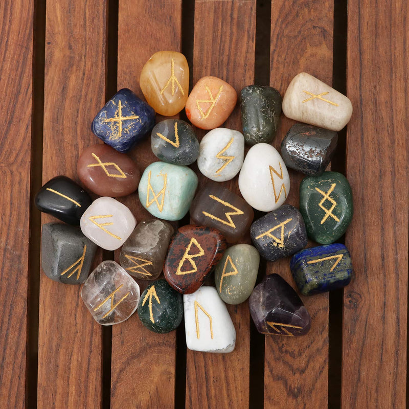 Crocon Mix chakra Rune tumble shape gemstone rune with Elder Futhark Alphabet Engraved | 25 pcs runes set | Crystal Divination Healing Chakra Reiki | with a pouch| Size : 25-30 mm - NewNest Australia