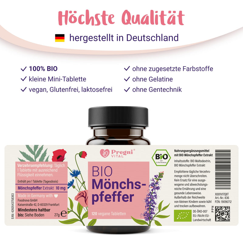 ORGANIC chasteberry high dose 10mg (agnus castus) - small & easy to swallow, popular lady's herb - 120 mini tablets with ORGANIC chasteberry extract from France - from PregniVital® - NewNest Australia
