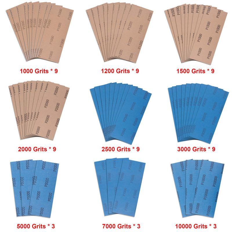 AUSTOR 63 Pcs Wet and Dry Sandpaper Assorted 1000, 1200, 1500, 2000, 2500, 3000, 5000, 7000, 10000 Grit Abrasive Paper Assortment Sanding Sheets for Automotive Sanding Wood Furniture Finishing - NewNest Australia